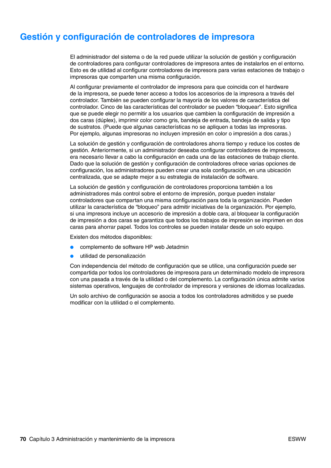 HP USO 2300 manual Gestión y configuración de controladores de impresora 