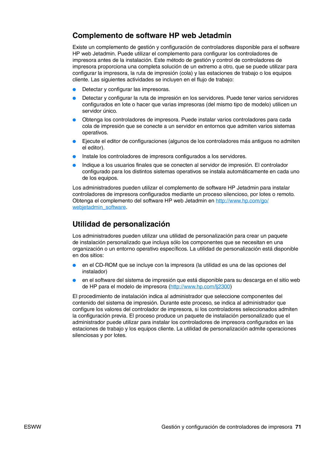 HP USO 2300 manual Complemento de software HP web Jetadmin, Utilidad de personalización 