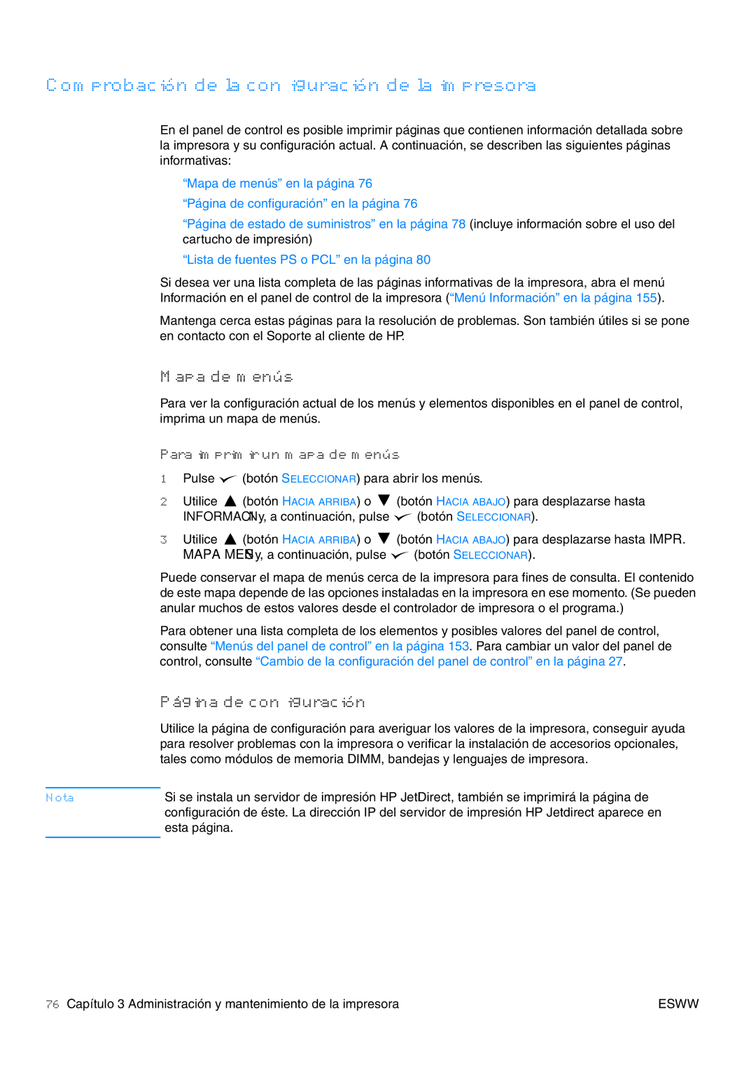 HP USO 2300 manual Comprobación de la configuración de la impresora, Mapa de menús, Página de configuración 