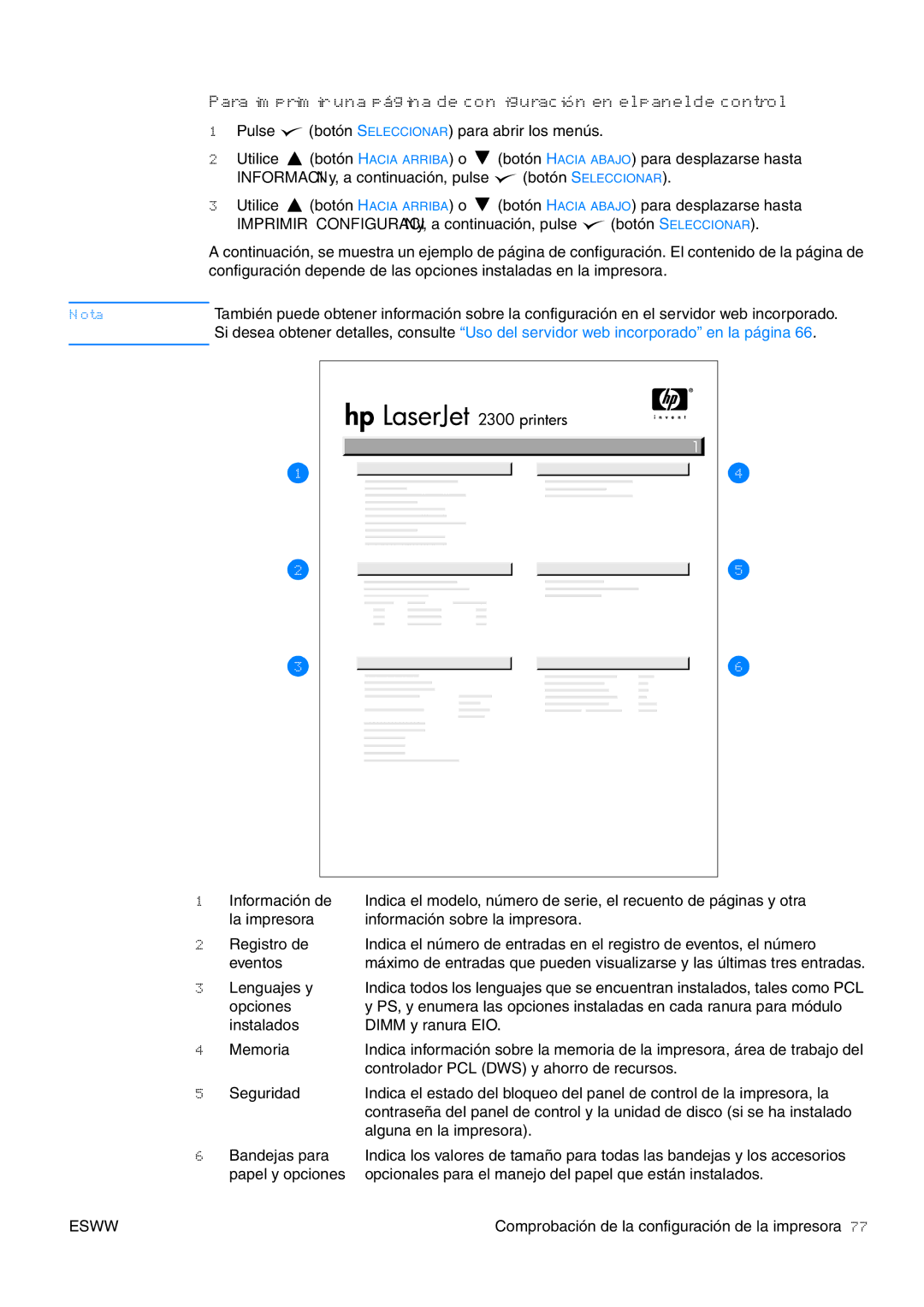 HP USO 2300 manual Comprobación de la configuración de la impresora 