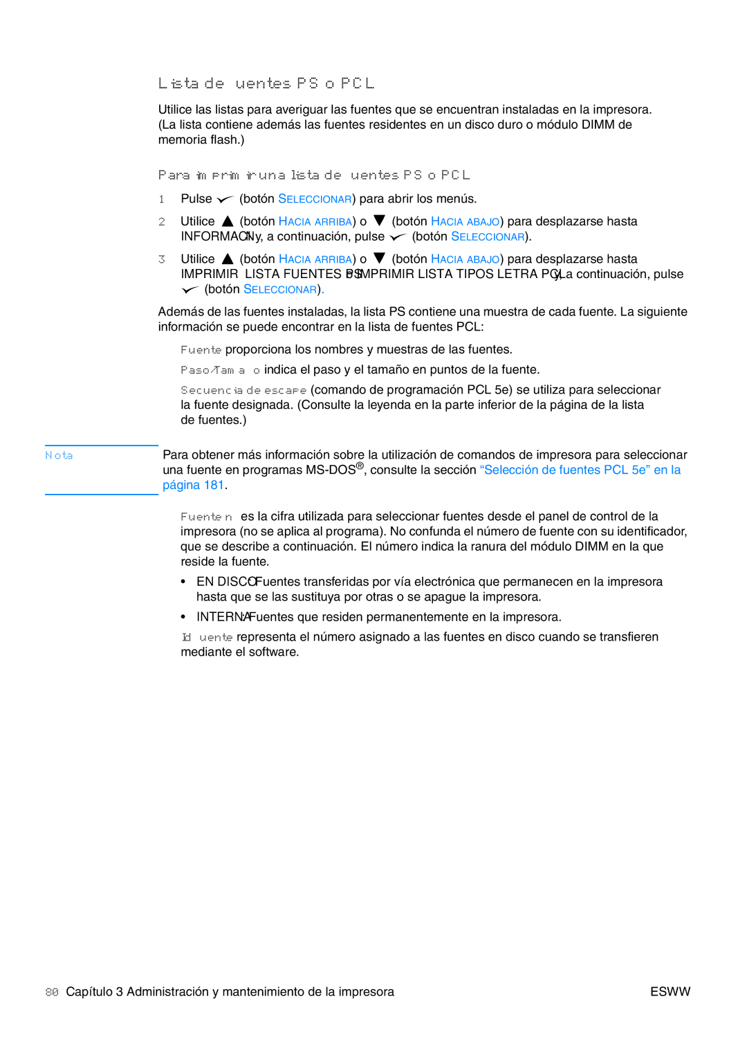 HP USO 2300 manual Lista de fuentes PS o PCL, Para imprimir una lista de fuentes PS o PCL 