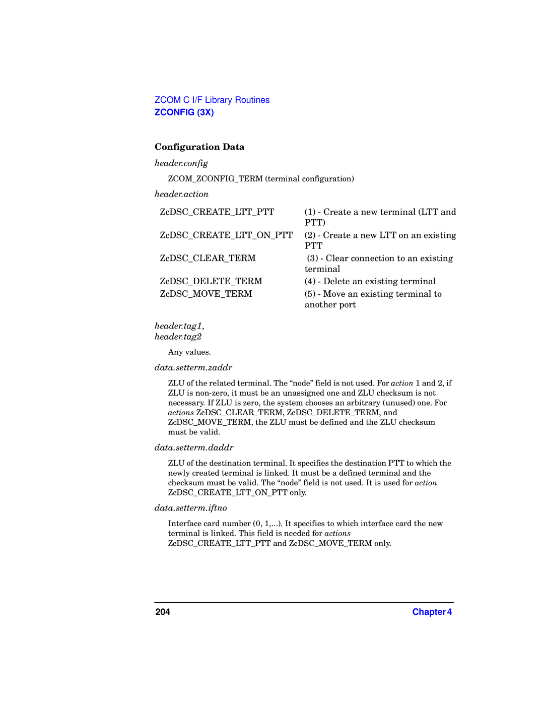 HP UX 11i v1 I/O Cards Header.action ZcDSCCREATELTTPTT Create a new terminal LTT, Data.setterm.daddr, Data.setterm.iftno 