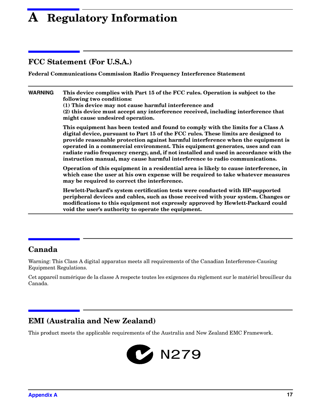 HP UX 11i v1 I/O Cards manual FCC Statement For U.S.A, Canada, EMI Australia and New Zealand 