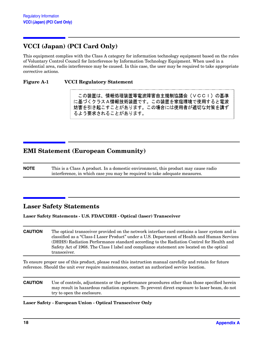 HP UX 11i v1 I/O Cards manual Vcci Japan PCI Card Only, EMI Statement European Community, Laser Safety Statements 