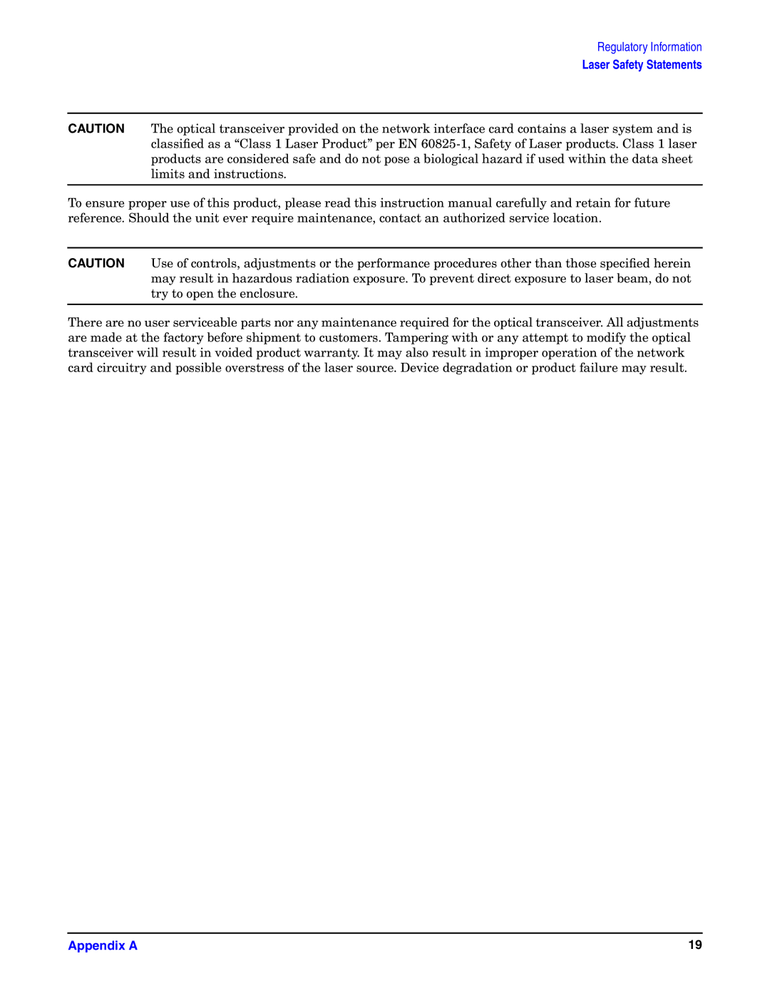 HP UX 11i v1 I/O Cards manual Laser Safety Statements 