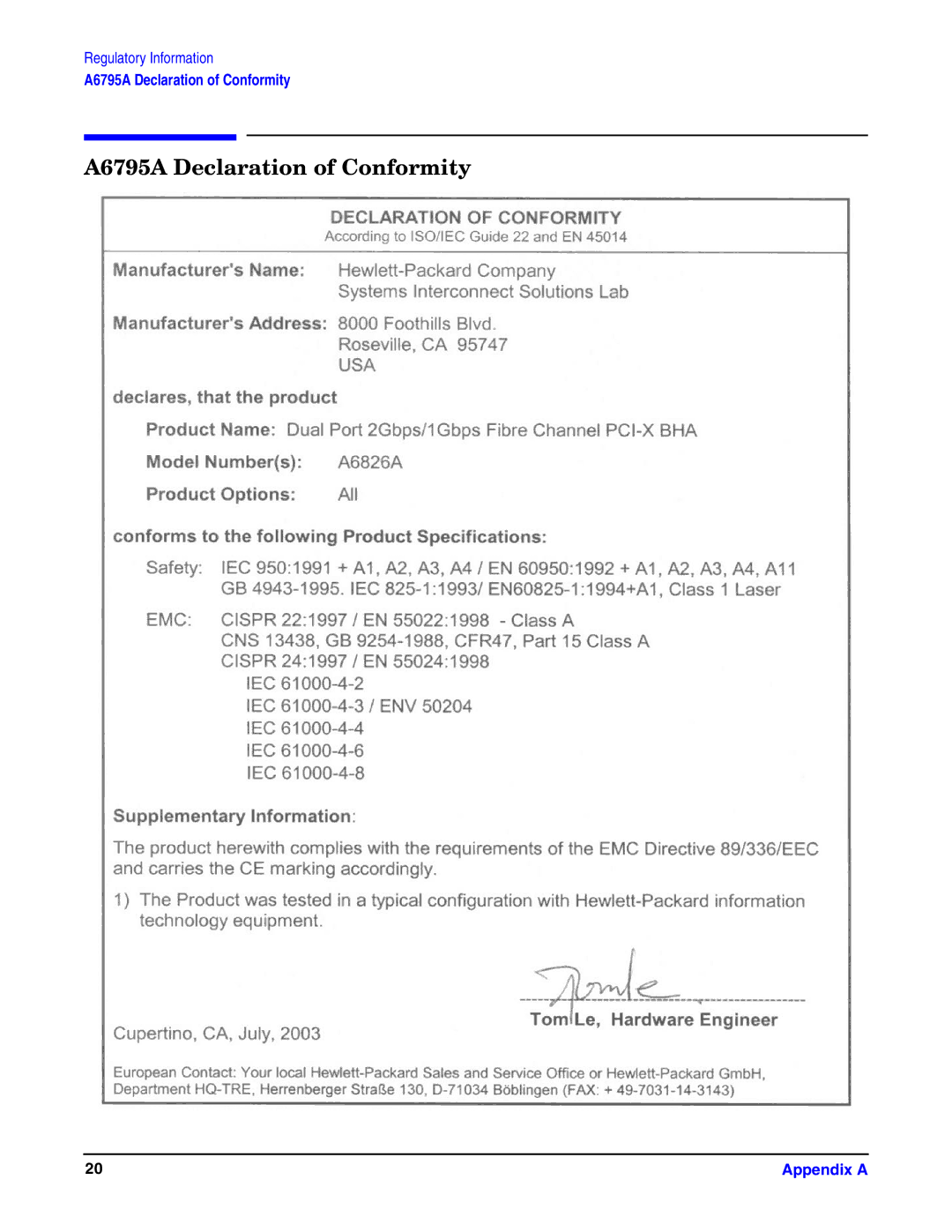 HP UX 11i v1 I/O Cards manual A6795A Declaration of Conformity 