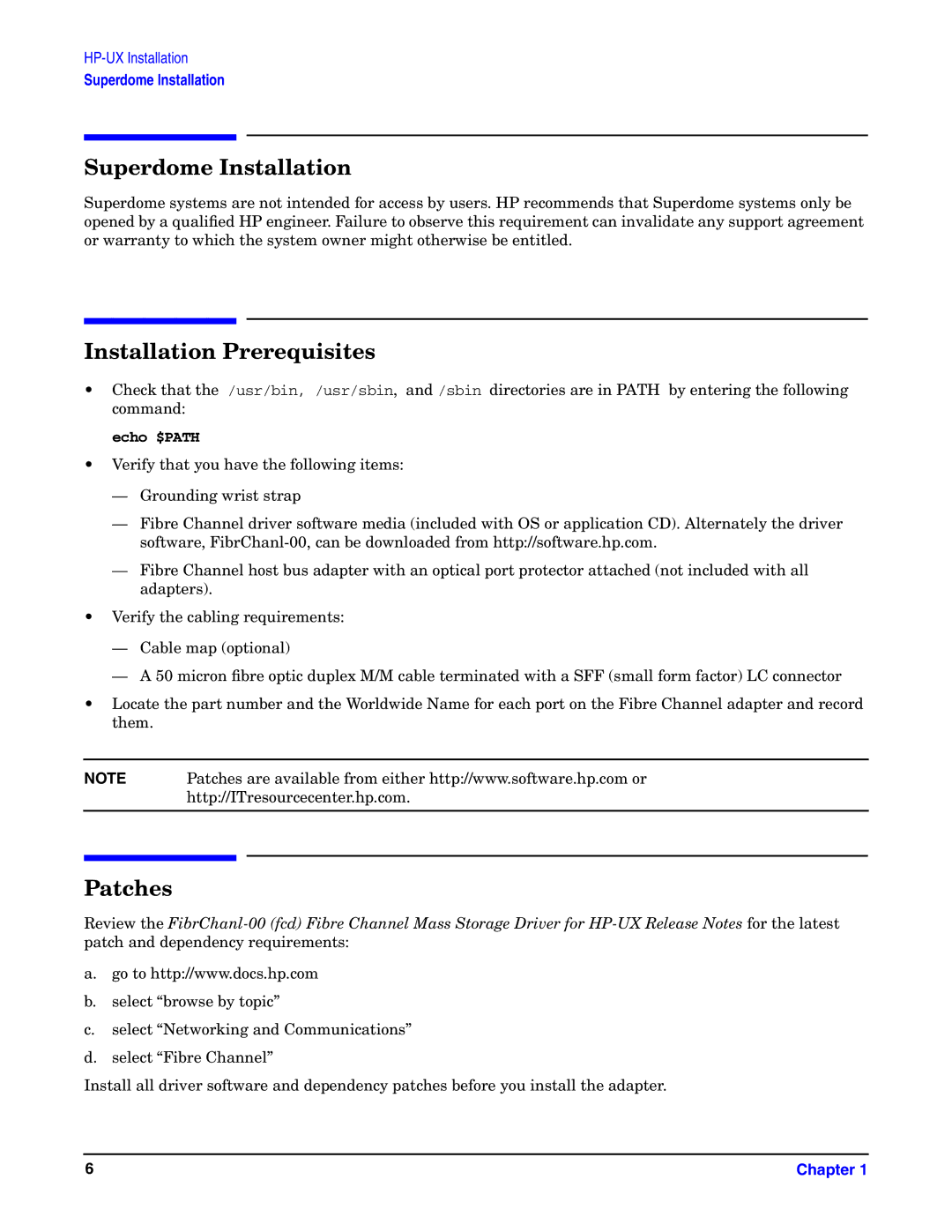 HP UX 11i v1 I/O Cards manual Superdome Installation, Installation Prerequisites, Patches 