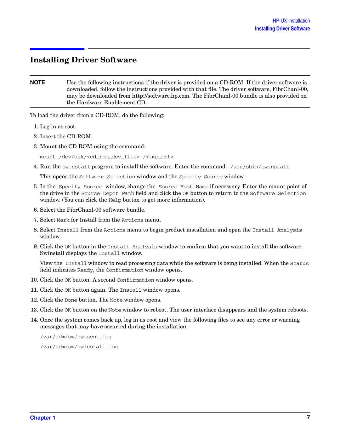 HP UX 11i v1 I/O Cards manual Installing Driver Software 