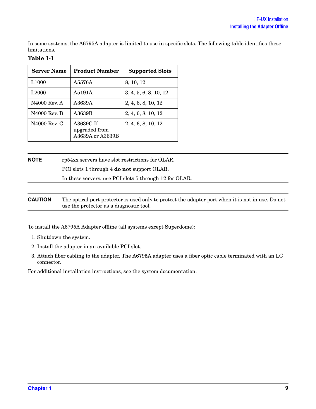 HP UX 11i v1 I/O Cards manual Installing the Adapter Ofﬂine 