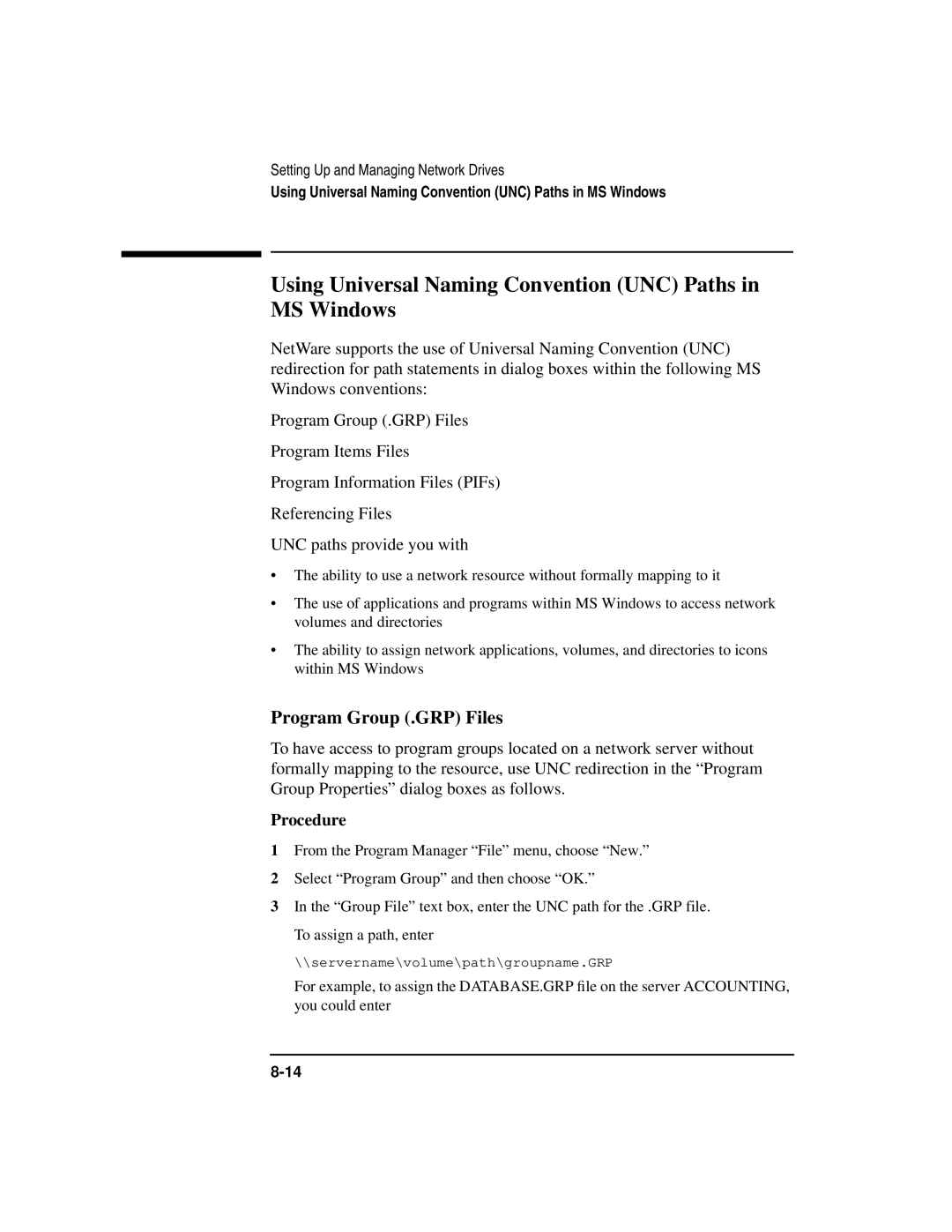 HP UX 11i v1 Networking Software manual Using Universal Naming Convention UNC Paths in MS Windows, Program Group .GRP Files 