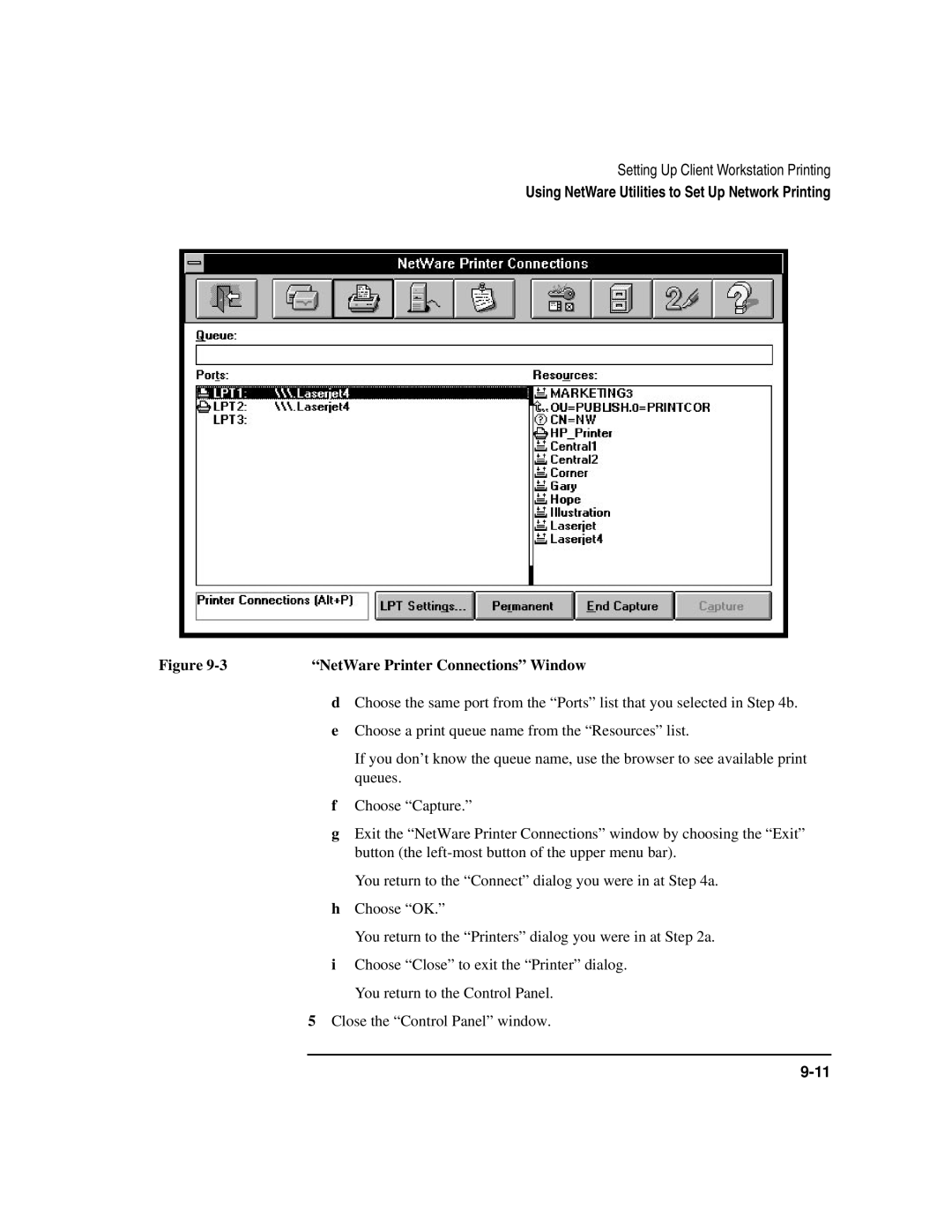 HP UX 11i v1 Networking Software manual NetWare Printer Connections Window 