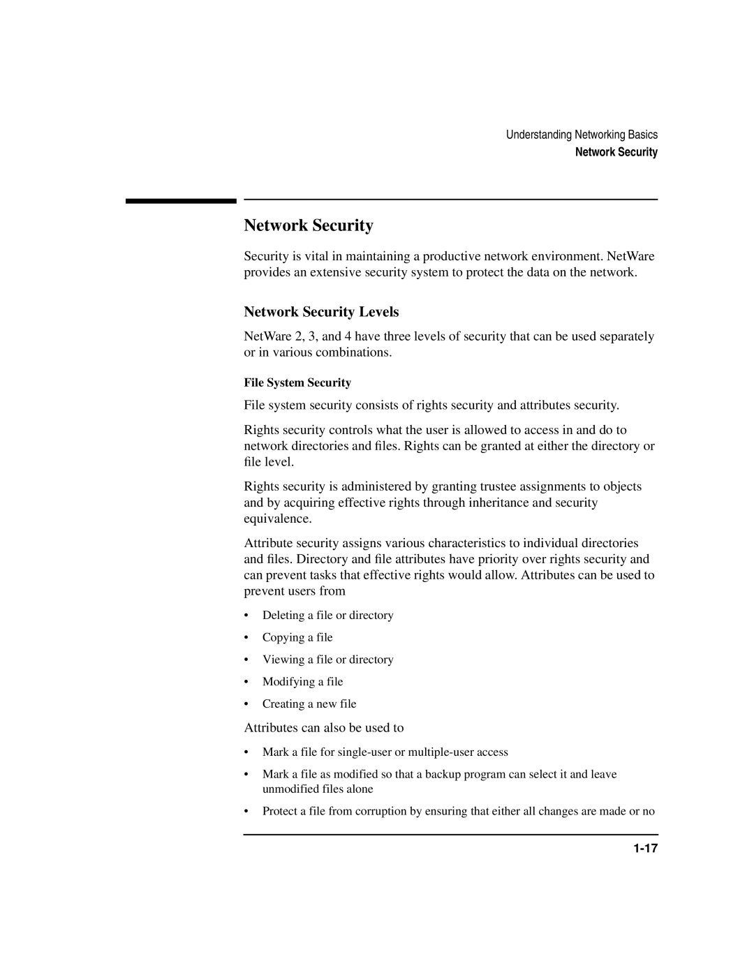 HP UX 11i v1 Networking Software manual Network Security Levels, Attributes can also be used to, File System Security 