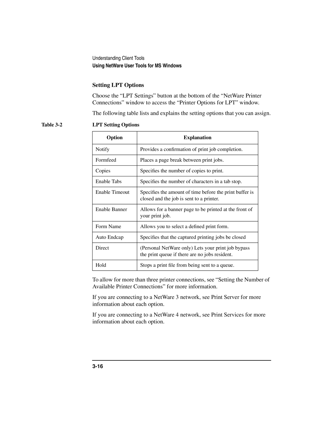 HP UX 11i v1 Networking Software manual Setting LPT Options, LPT Setting Options Explanation 