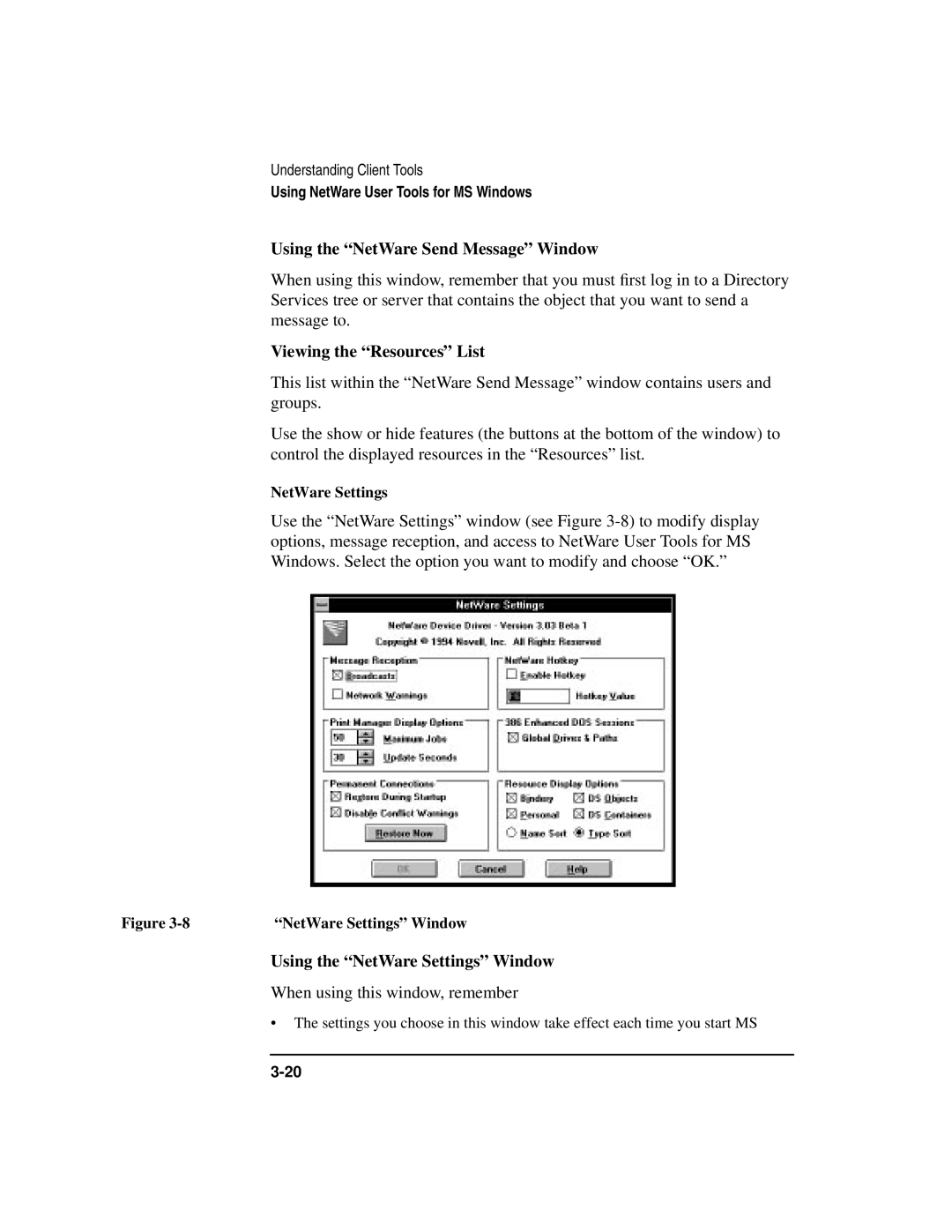 HP UX 11i v1 Networking Software manual Using the NetWare Send Message Window, Using the NetWare Settings Window 