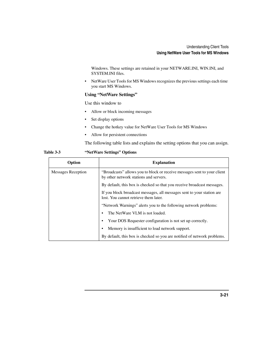 HP UX 11i v1 Networking Software Using NetWare Settings, Use this window to, NetWare Settings Options, Option Explanation 