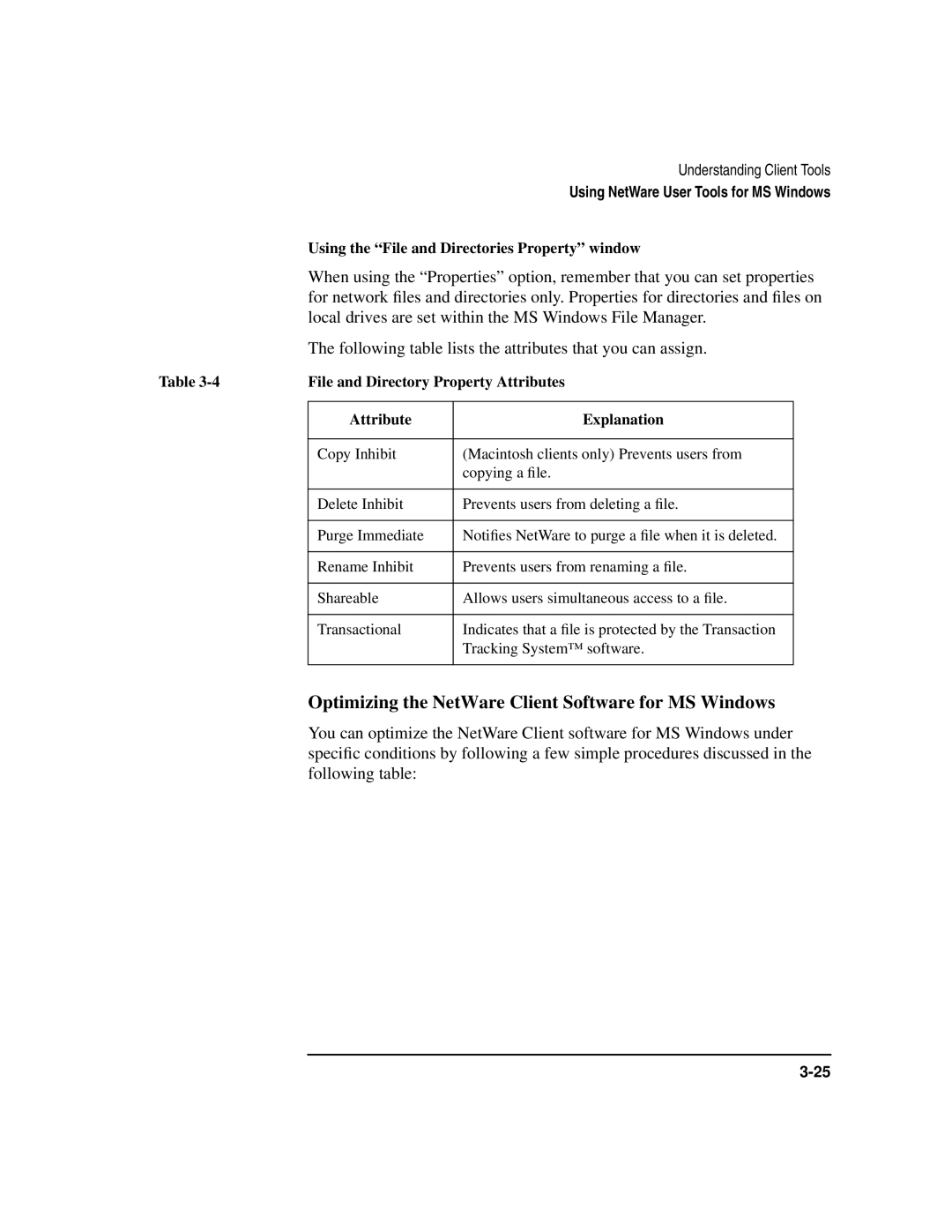 HP UX 11i v1 Networking Software manual Optimizing the NetWare Client Software for MS Windows, Attribute Explanation 