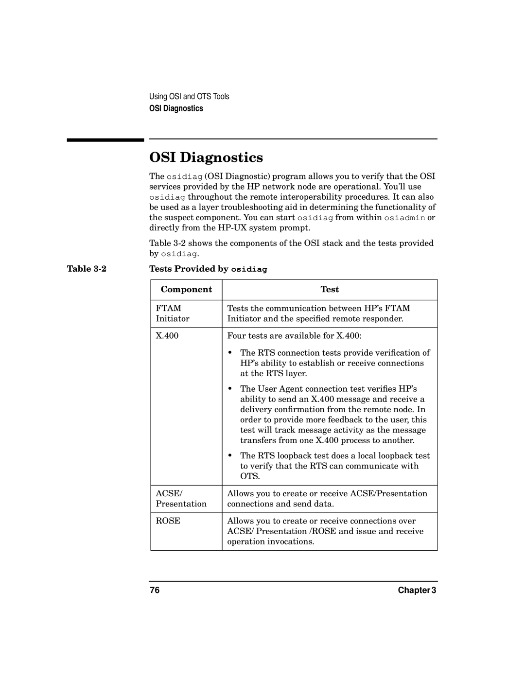 HP UX 11i v2 Networking Software manual OSI Diagnostics, Tests Provided by osidiag, Component Test 