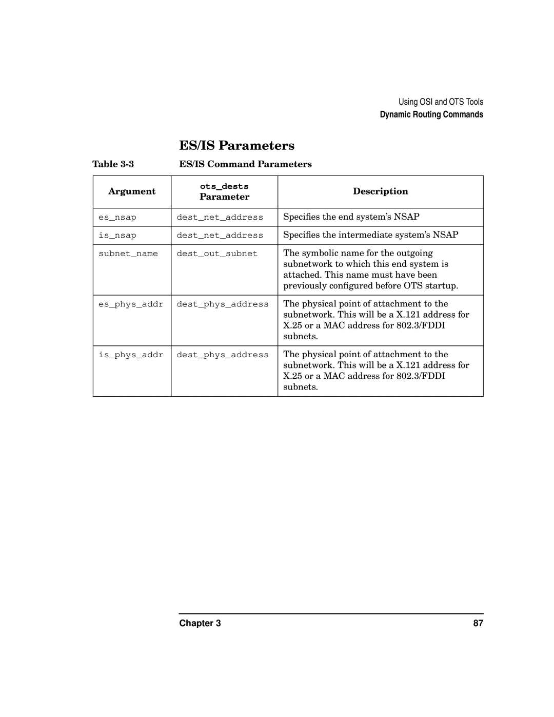 HP UX 11i v2 Networking Software manual ES/IS Parameters, ES/IS Command Parameters, Argument 