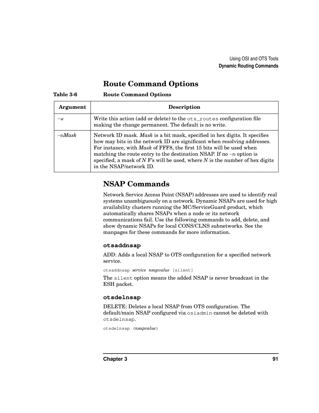 HP UX 11i v2 Networking Software manual Route Command Options, Nsap Commands, Argument Description 