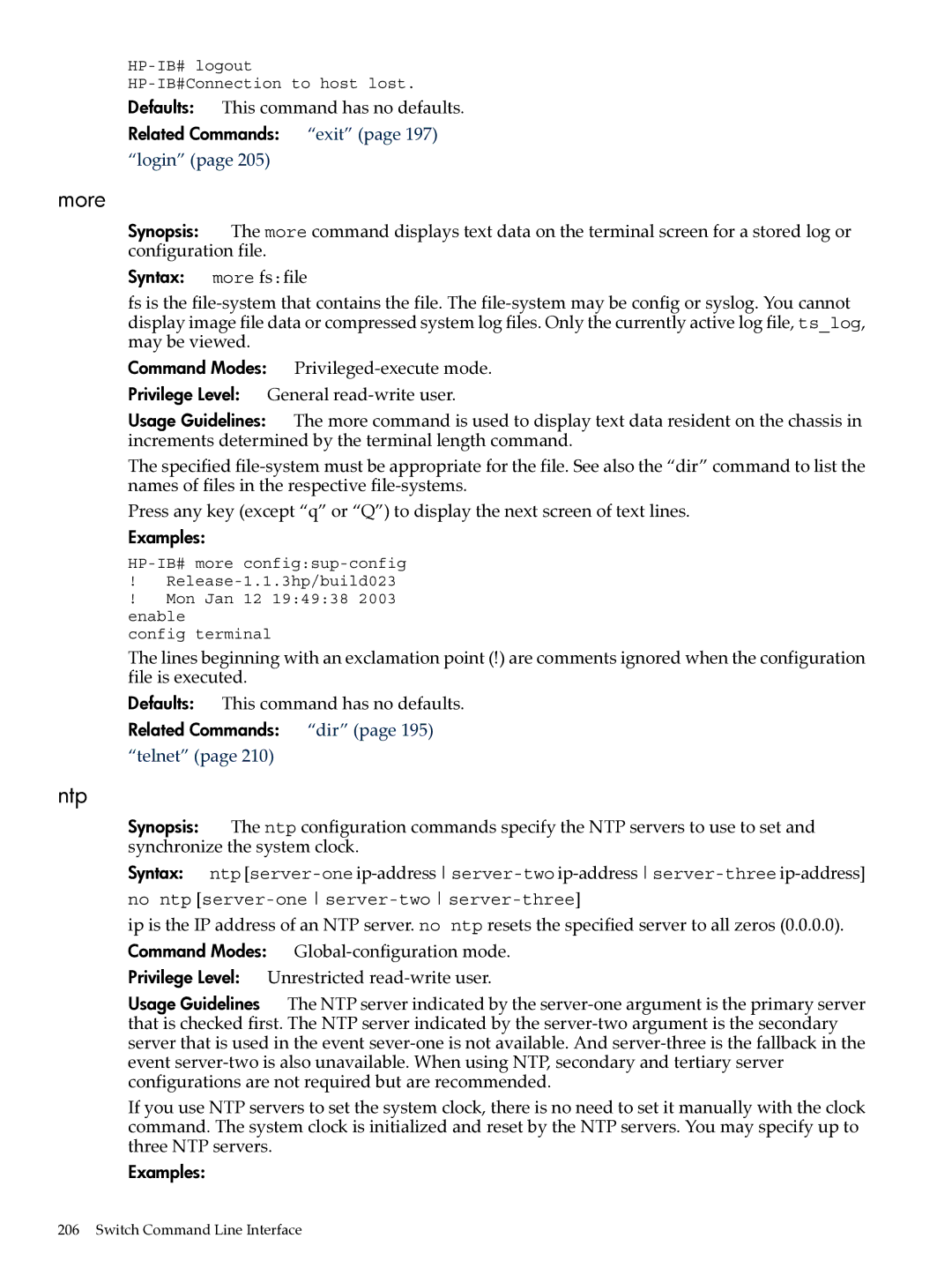 HP UX 11i v2 Networking Software manual More, Ntp, Related Commands exit, Syntax more fsfile, Related Commands dir 