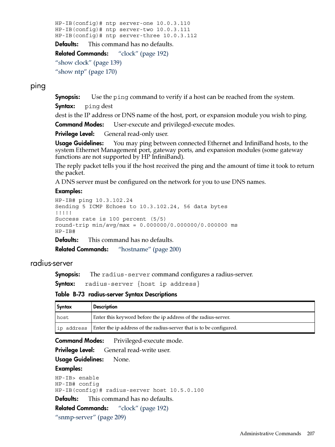 HP UX 11i v2 Networking Software manual Ping, Syntax ping dest, Table B-73 Radius-server Syntax Descriptions 