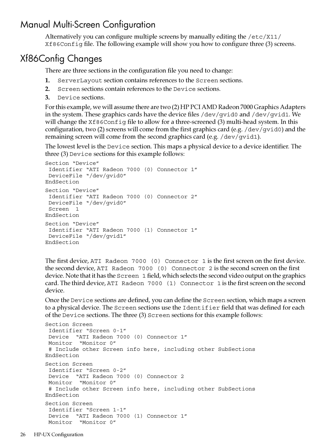 HP UX 11i v2 Networking Software manual Manual Multi-Screen Configuration, Xf86Config Changes 