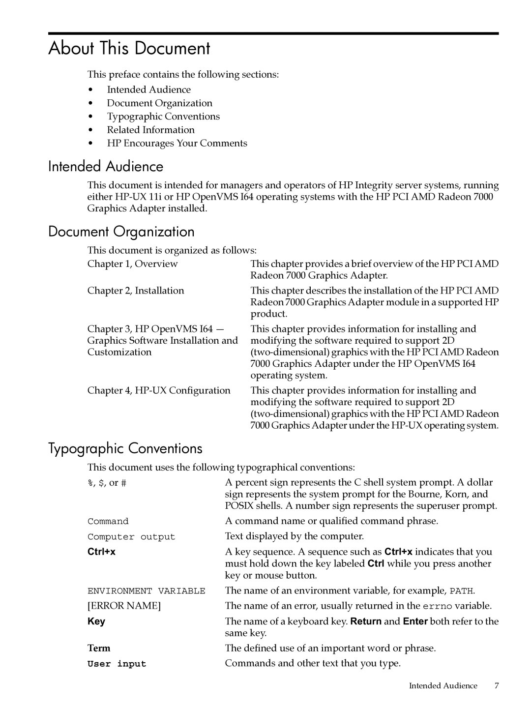 HP UX 11i v2 Networking Software About This Document, Intended Audience, Document Organization, Typographic Conventions 