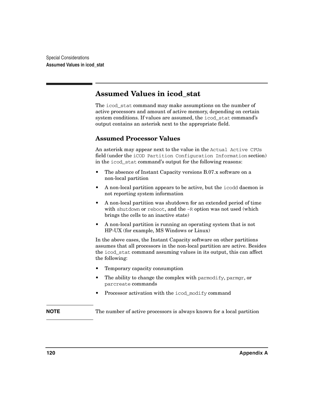 HP UX 11i v2 manual Assumed Values in icodstat, Assumed Processor Values, 120 