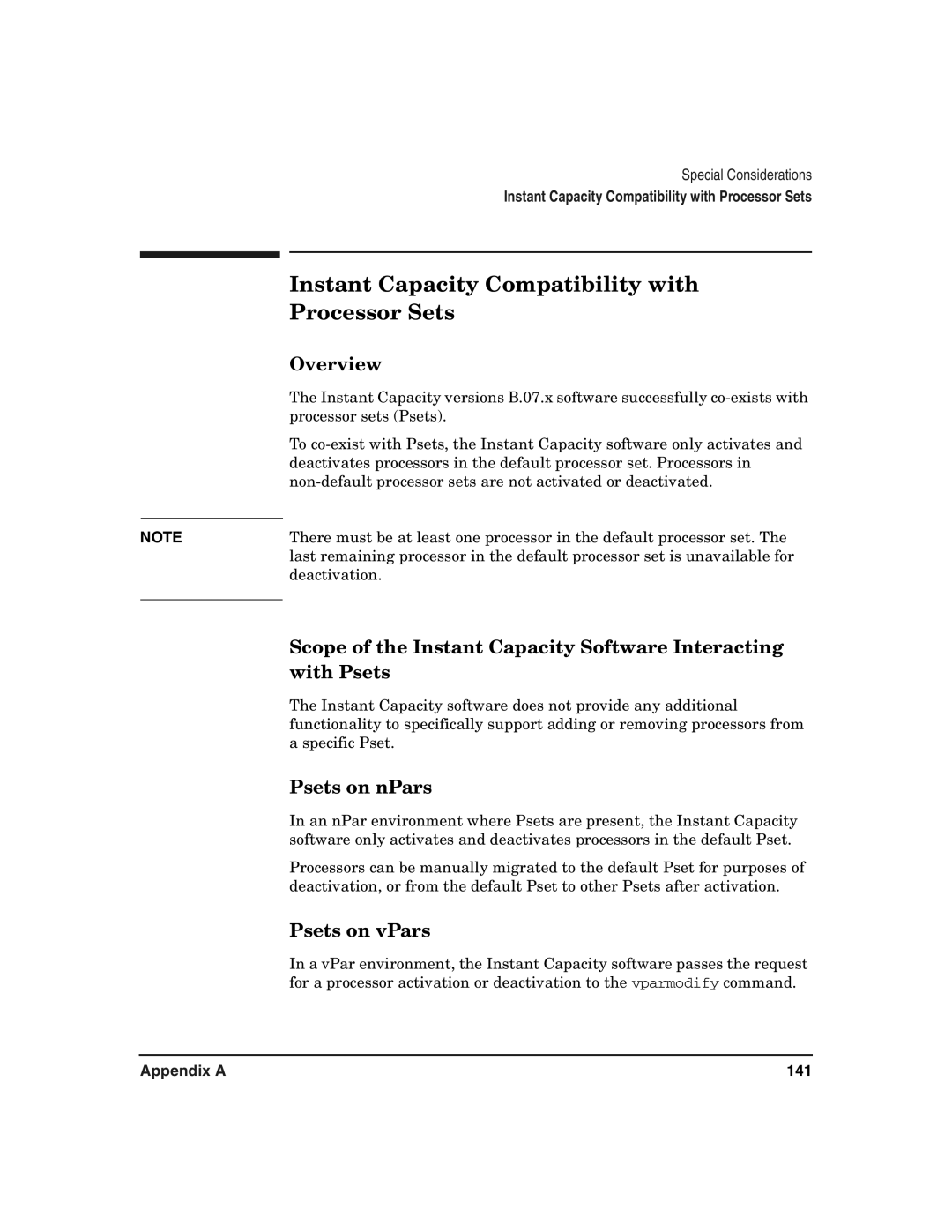 HP UX 11i v2 manual Instant Capacity Compatibility with Processor Sets, Psets on nPars, Psets on vPars 