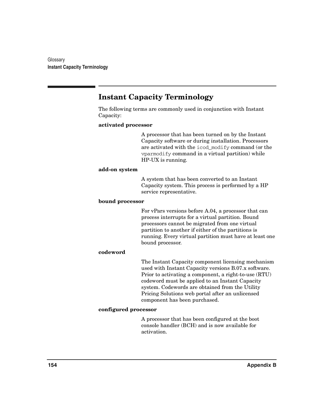 HP UX 11i v2 manual Instant Capacity Terminology, 154 