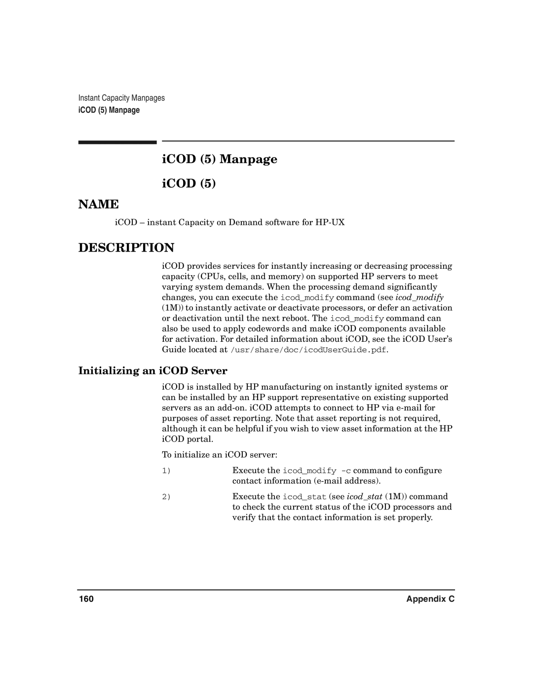 HP UX 11i v2 manual ICOD 5 Manpage, Initializing an iCOD Server, 160 