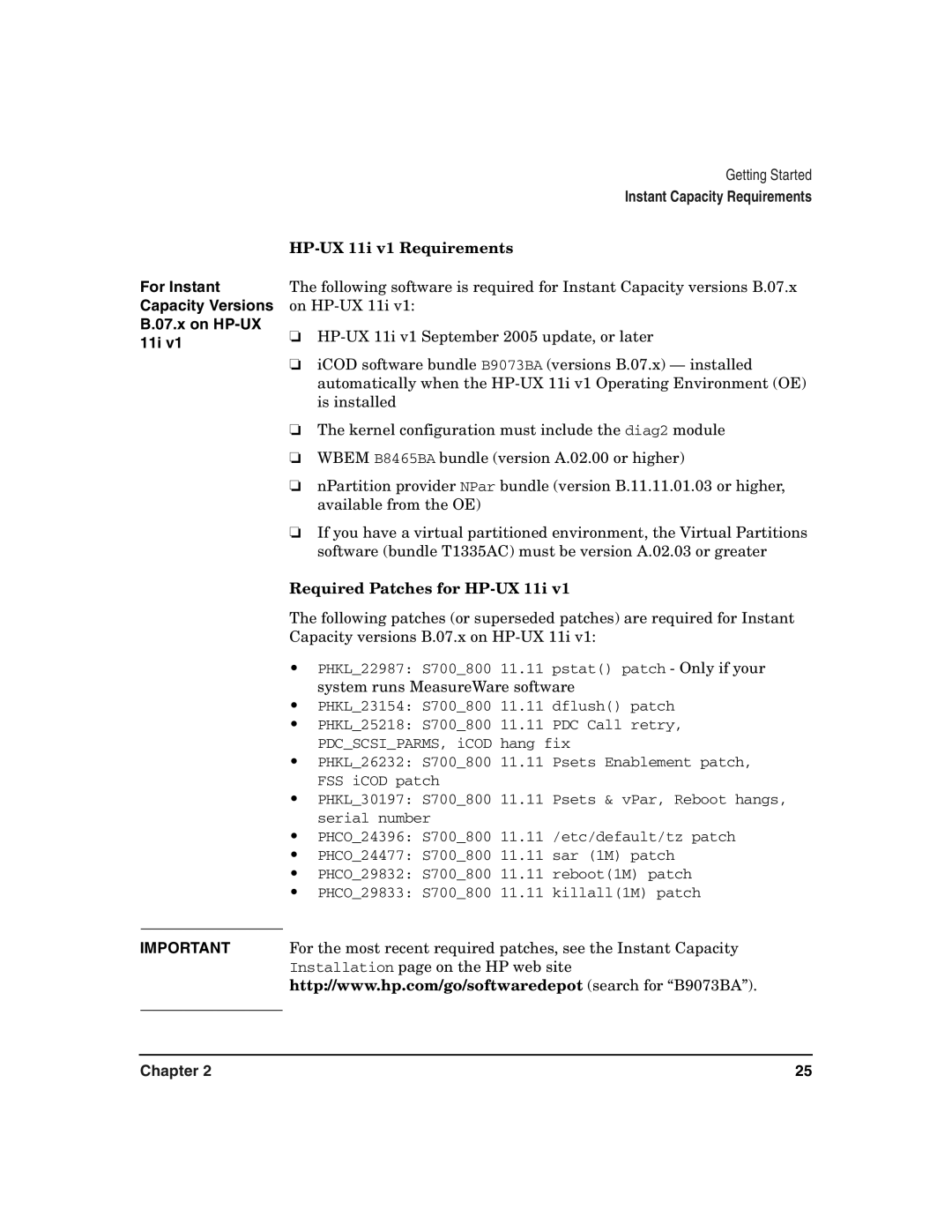 HP UX 11i v2 For Instant Capacity Versions B.07.x on HP-UX 11i, HP-UX 11i v1 Requirements, Required Patches for HP-UX 11i 