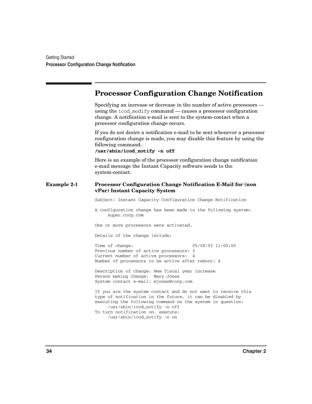 HP UX 11i v2 manual Processor Configuration Change Notification, Usr/sbin/icodnotify -n off 