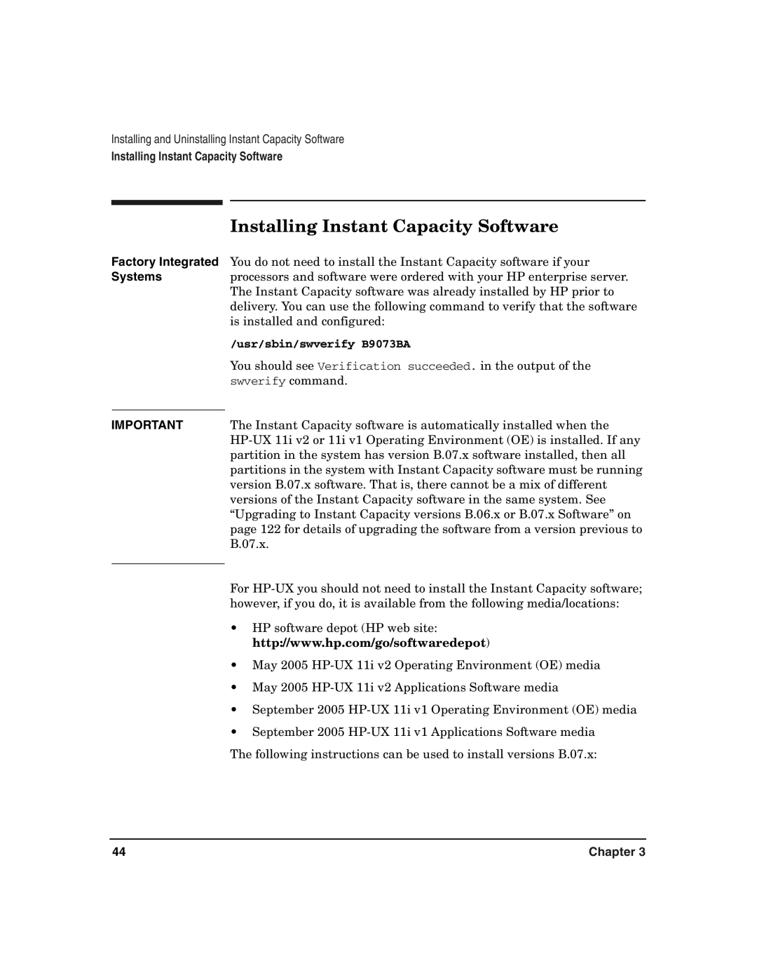 HP UX 11i v2 manual Installing Instant Capacity Software, Factory Integrated, Systems 