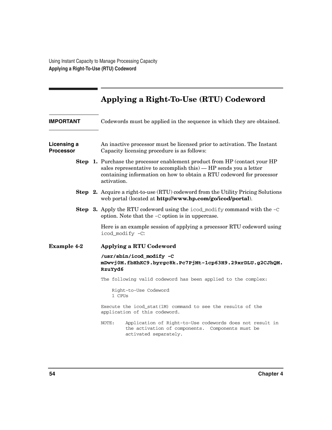 HP UX 11i v2 manual Applying a Right-To-Use RTU Codeword, Licensing a, Processor, Example Applying a RTU Codeword 