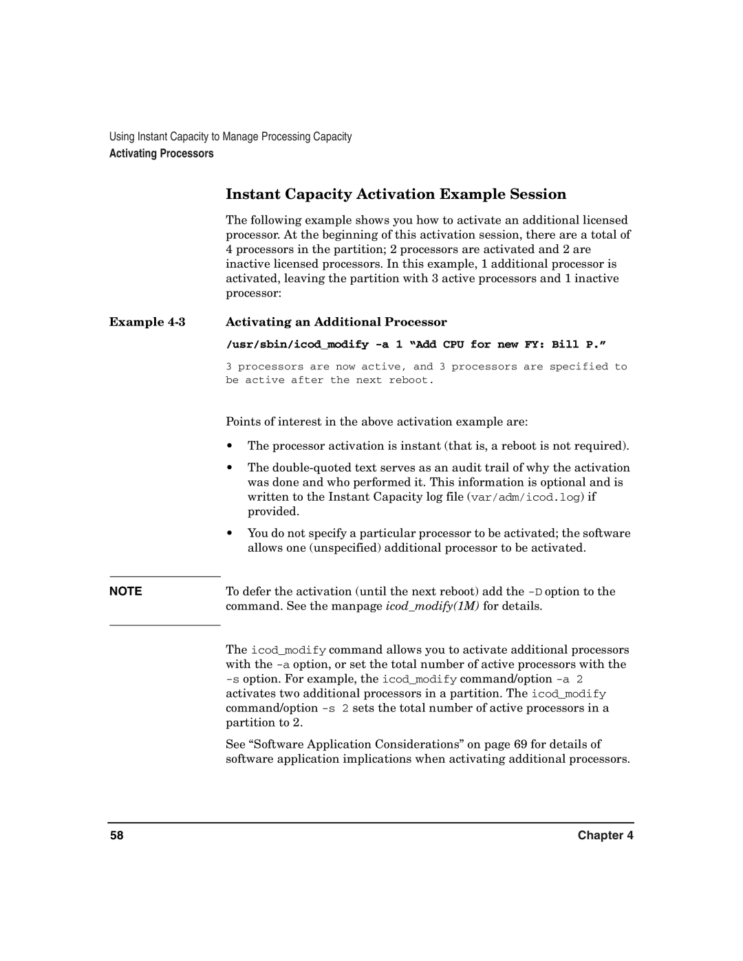 HP UX 11i v2 manual Instant Capacity Activation Example Session, Example 4-3 Activating an Additional Processor 