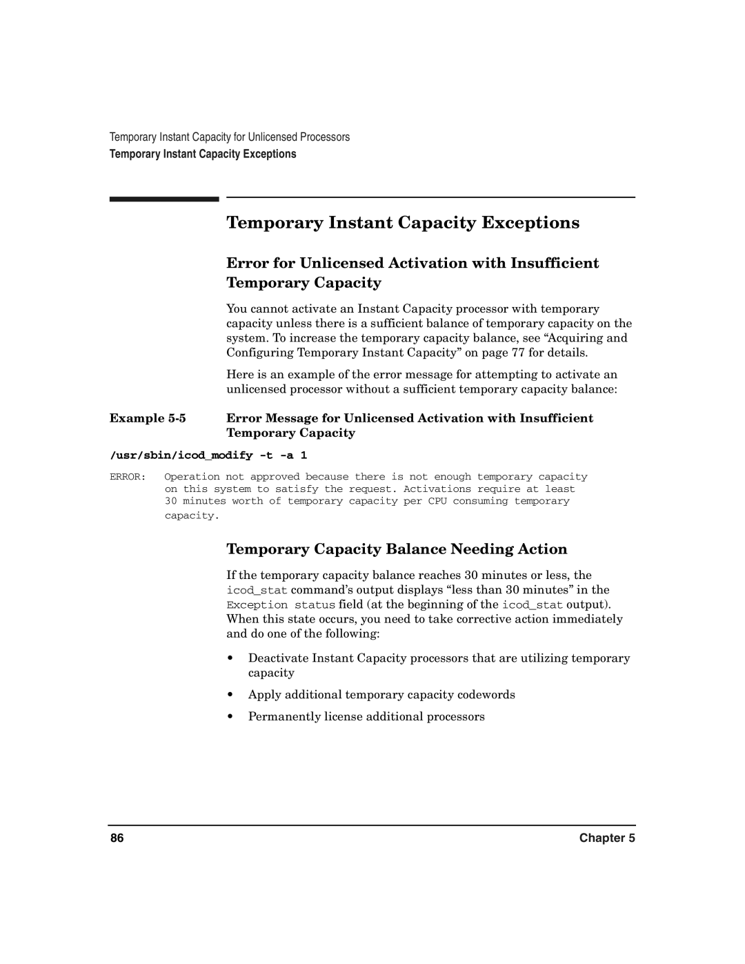 HP UX 11i v2 manual Temporary Instant Capacity Exceptions, Temporary Capacity Balance Needing Action 