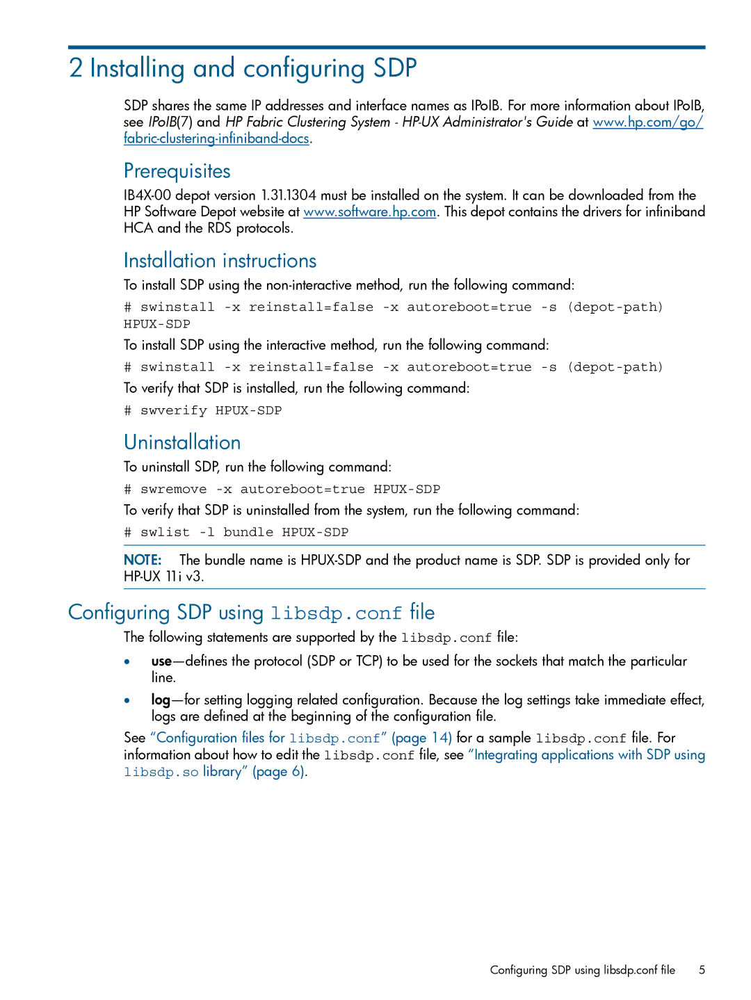 HP UX 11i v3 Networking Software Installing and configuring SDP, Prerequisites Installation instructions, Uninstallation 