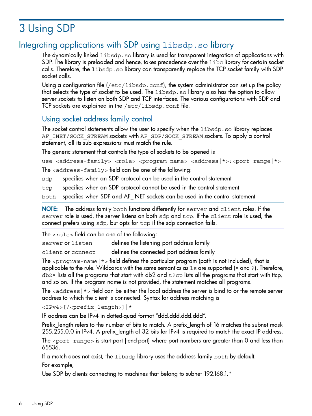 HP UX 11i v3 Networking Software Using SDP, Integrating applications with SDP using libsdp.so library, IPv4/prefixlength 