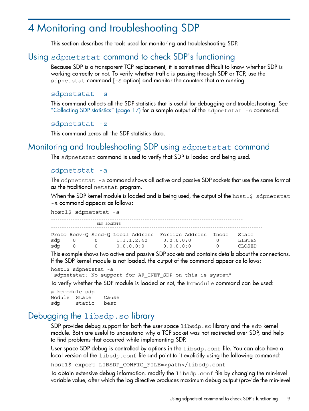 HP UX 11i v3 Networking Software Monitoring and troubleshooting SDP, Using sdpnetstat command to check SDPs functioning 