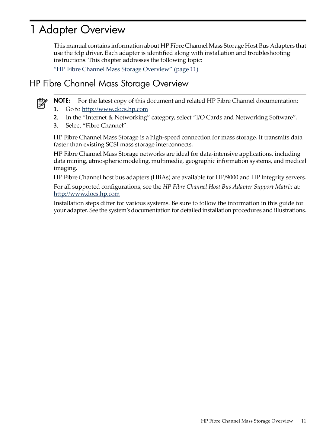 HP UX 11i v3 manual Adapter Overview, HP Fibre Channel Mass Storage Overview 