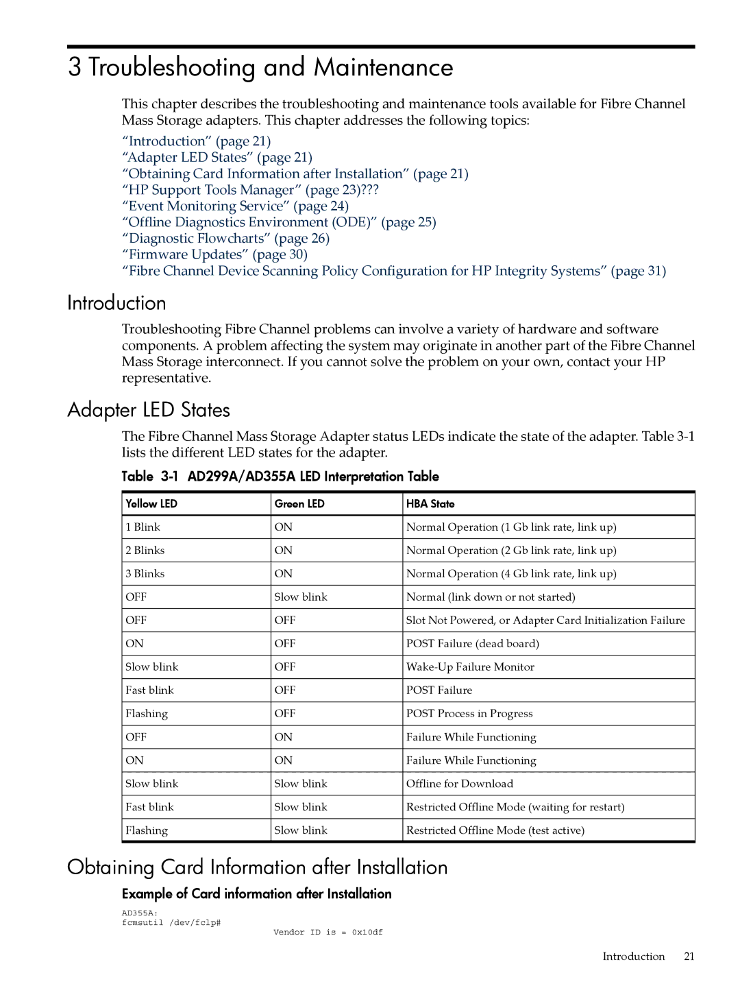 HP UX 11i v3 manual Troubleshooting and Maintenance, Introduction, Adapter LED States 