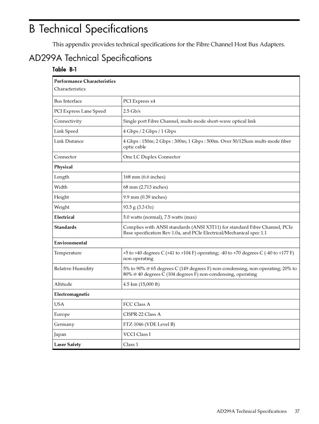 HP UX 11i v3 manual AD299A Technical Specifications, Table B-1 