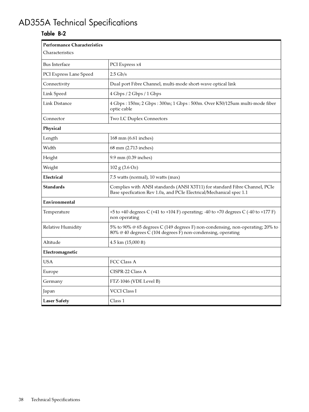 HP UX 11i v3 manual AD355A Technical Specifications, Table B-2 