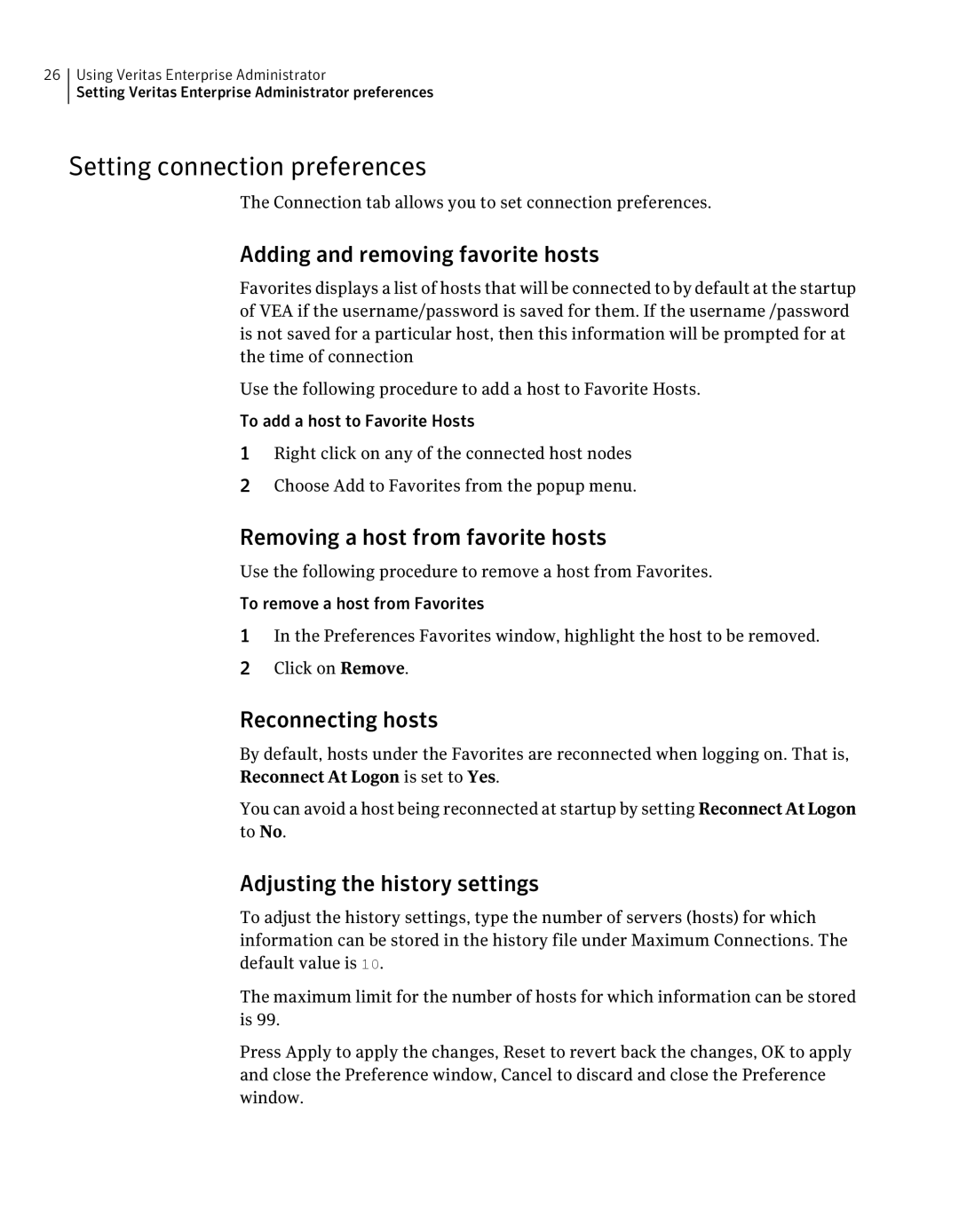 HP UX 11i Volume Management (LVM/VxVM) Software manual Setting connection preferences, Adding and removing favorite hosts 