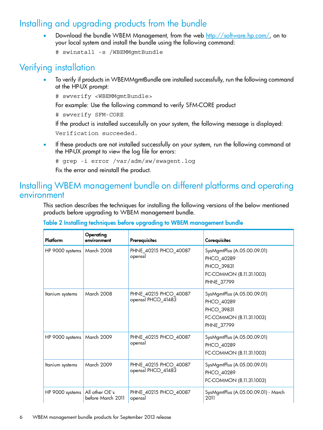 HP UX 11i WBEM Software manual Installing and upgrading products from the bundle, Verifying installation 