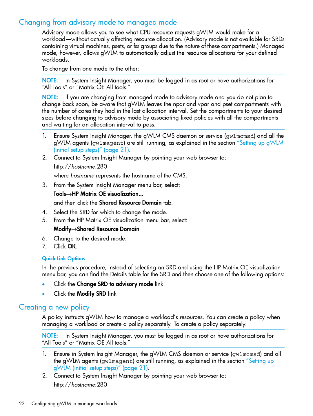 HP UX 11i Workload Management (gWLM/WLM) Software manual Changing from advisory mode to managed mode, Creating a new policy 