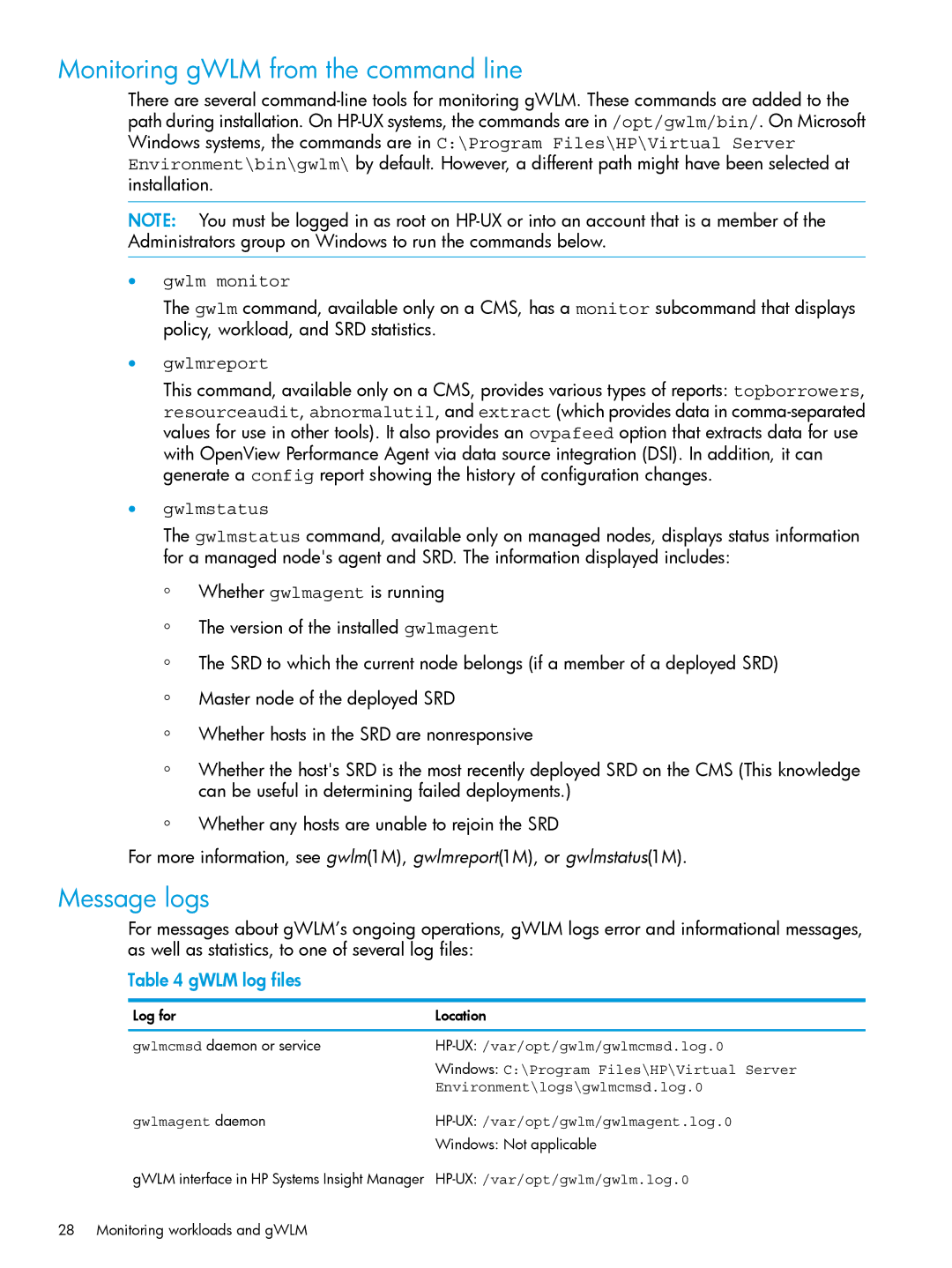 HP UX 11i Workload Management (gWLM/WLM) Software manual Monitoring gWLM from the command line, Message logs 