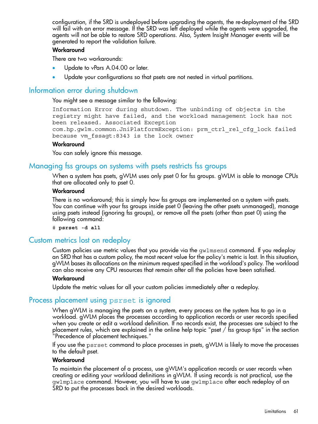 HP UX 11i Workload Management (gWLM/WLM) Software manual Information error during shutdown, Custom metrics lost on redeploy 