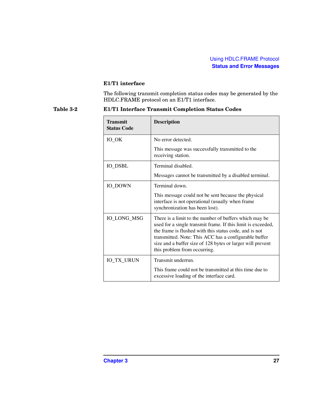 HP UX 11.x Operating Systems manual E1/T1 interface, E1/T1 Interface Transmit Completion Status Codes, Iodown, Iotxurun 